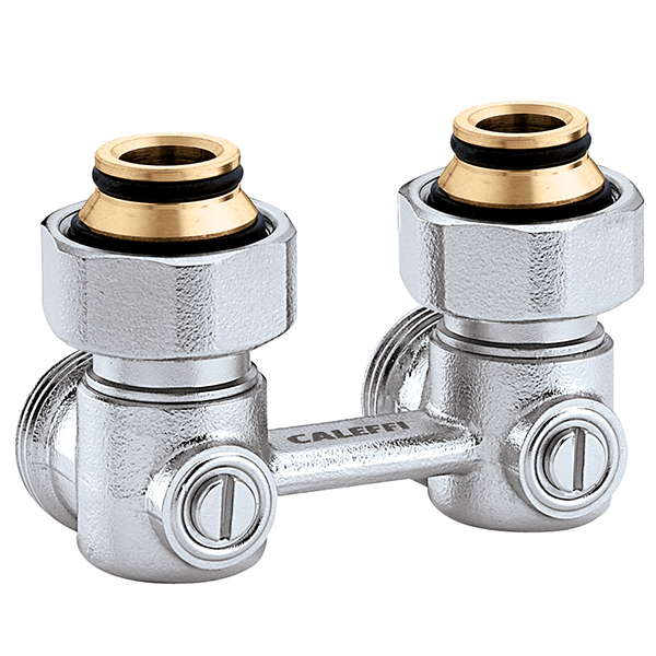 Caleffi Zweirohr-Hahnblock 3/4" ÜMx3/4" AG Eck 3011